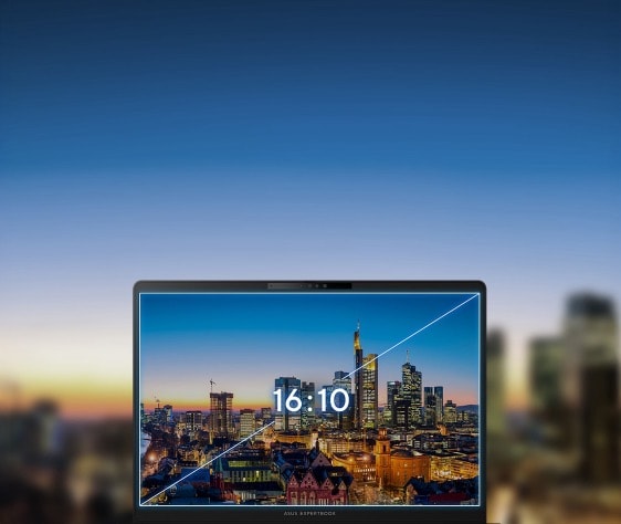 The display panel of ASUS ExpertBook B3 with night view of modern city onscreen. 